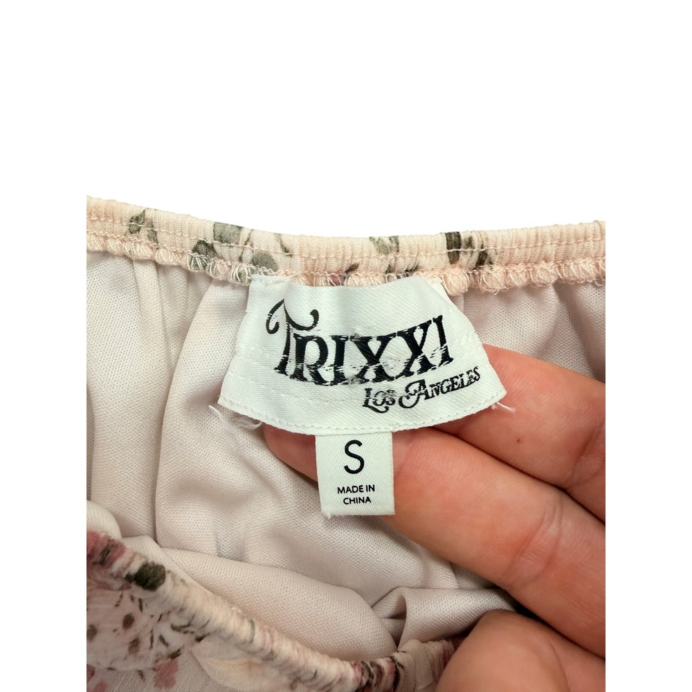 Trixxi Floral Smocked Blouse Women Small Pink Square Neck Puff Sleeve Peplum Top - Picture 2 of 5